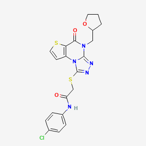 molecular formula C20H18ClN5O3S2 B2842956 N-(4-chlorophenyl)-2-((5-oxo-4-((tetrahydrofuran-2-yl)methyl)-4,5-dihydrothieno[2,3-e][1,2,4]triazolo[4,3-a]pyrimidin-1-yl)thio)acetamide CAS No. 1189897-40-2