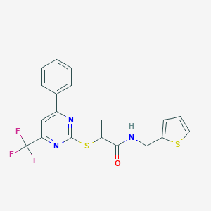 molecular formula C19H16F3N3OS2 B284303 2-{[4-phenyl-6-(trifluoromethyl)-2-pyrimidinyl]sulfanyl}-N-(2-thienylmethyl)propanamide 
