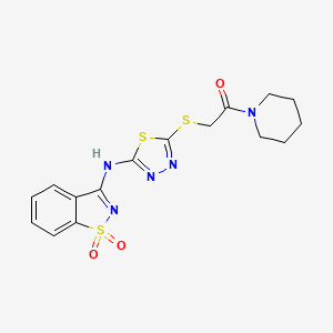 molecular formula C16H17N5O3S3 B2843032 2-({5-[(1,1-Dioxido-1,2-benzothiazol-3-yl)amino]-1,3,4-thiadiazol-2-yl}sulfanyl)-1-(piperidin-1-yl)ethanone CAS No. 825657-73-6