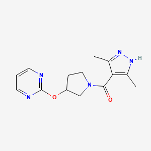 molecular formula C14H17N5O2 B2843058 (3,5-dimethyl-1H-pyrazol-4-yl)(3-(pyrimidin-2-yloxy)pyrrolidin-1-yl)methanone CAS No. 2034204-32-3