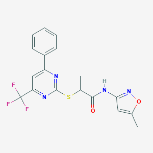 molecular formula C18H15F3N4O2S B284306 N-(5-Methylisoxazol-3-yl)-2-((4-phenyl-6-(trifluoromethyl)pyrimidin-2-yl)thio)propanamide 