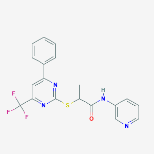 molecular formula C19H15F3N4OS B284308 2-{[4-phenyl-6-(trifluoromethyl)-2-pyrimidinyl]sulfanyl}-N-(3-pyridinyl)propanamide 