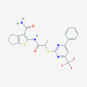 molecular formula C22H19F3N4O2S2 B284309 2-[2-(4-Phenyl-6-trifluoromethyl-pyrimidin-2-ylsulfanyl)-propionylamino]-5,6-dihydro-4H-cyclopenta[b]thiophene-3-carboxylic acid amide 