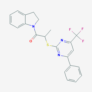 molecular formula C22H18F3N3OS B284310 1-(2,3-dihydro-1H-indol-1-yl)-2-{[4-phenyl-6-(trifluoromethyl)pyrimidin-2-yl]sulfanyl}propan-1-one 