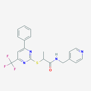 molecular formula C20H17F3N4OS B284312 2-((4-phenyl-6-(trifluoromethyl)pyrimidin-2-yl)thio)-N-(pyridin-4-ylmethyl)propanamide 