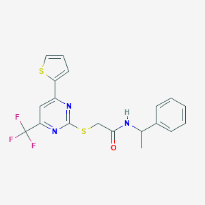 molecular formula C19H16F3N3OS2 B284316 N-(1-phenylethyl)-2-{[4-(2-thienyl)-6-(trifluoromethyl)-2-pyrimidinyl]sulfanyl}acetamide 