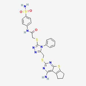 molecular formula C26H24N8O3S4 B2843169 2-{5-[(4-amino(5,6,7-trihydrocyclopenta[1,2-d]pyrimidino[4,5-b]thiophen-2-ylth io))methyl]-4-phenyl(1,2,4-triazol-3-ylthio)}-N-(4-sulfamoylphenyl)acetamide CAS No. 647819-60-1