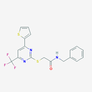 molecular formula C18H14F3N3OS2 B284319 N-Benzyl-2-(4-thiophen-2-yl-6-trifluoromethyl-pyrimidin-2-ylsulfanyl)-acetamide 