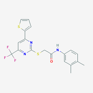 molecular formula C19H16F3N3OS2 B284325 N-(3,4-dimethylphenyl)-2-{[4-(2-thienyl)-6-(trifluoromethyl)-2-pyrimidinyl]sulfanyl}acetamide 