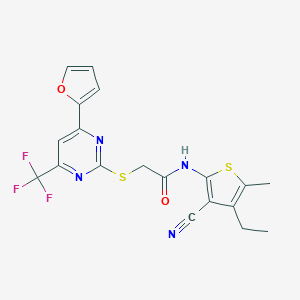 molecular formula C19H15F3N4O2S2 B284326 N-(3-cyano-4-ethyl-5-methyl-2-thienyl)-2-{[4-(2-furyl)-6-(trifluoromethyl)-2-pyrimidinyl]sulfanyl}acetamide 