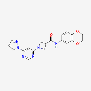 molecular formula C19H18N6O3 B2843268 1-(6-(1H-pyrazol-1-yl)pyrimidin-4-yl)-N-(2,3-dihydrobenzo[b][1,4]dioxin-6-yl)azetidine-3-carboxamide CAS No. 2034280-69-6