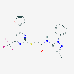 molecular formula C21H16F3N5O2S B284327 2-{[4-(2-furyl)-6-(trifluoromethyl)-2-pyrimidinyl]thio}-N-(3-methyl-1-phenyl-1H-pyrazol-5-yl)acetamide 