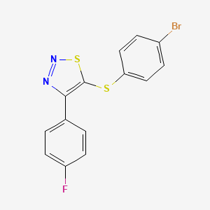 molecular formula C14H8BrFN2S2 B2843276 4-溴苯基-4-(4-氟苯基)-1,2,3-噻二唑-5-基硫 CAS No. 338408-84-7