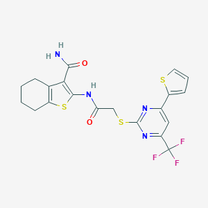 molecular formula C20H17F3N4O2S3 B284330 2-[({[4-(2-Thienyl)-6-(trifluoromethyl)-2-pyrimidinyl]sulfanyl}acetyl)amino]-4,5,6,7-tetrahydro-1-benzothiophene-3-carboxamide 