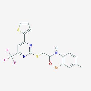 molecular formula C18H13BrF3N3OS2 B284333 N-(2-bromo-4-methylphenyl)-2-{[4-(2-thienyl)-6-(trifluoromethyl)-2-pyrimidinyl]sulfanyl}acetamide 