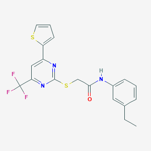 molecular formula C19H16F3N3OS2 B284334 N-(3-ethylphenyl)-2-{[4-(2-thienyl)-6-(trifluoromethyl)-2-pyrimidinyl]sulfanyl}acetamide 