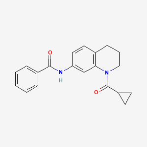 molecular formula C20H20N2O2 B2843406 N-[1-(环丙基甲酰)-3,4-二氢-2H-喹啉-7-基]苯甲酰胺 CAS No. 898465-33-3