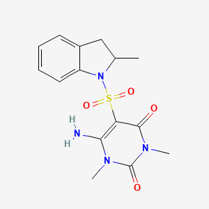 molecular formula C15H18N4O4S B2843430 6-氨基-1,3-二甲基-5-((2-甲基吲哚-1-基)磺酰)嘧啶-2,4(1H,3H)-二酮 CAS No. 893379-40-3