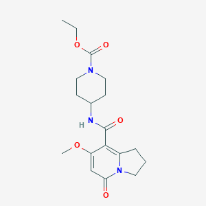molecular formula C18H25N3O5 B2843440 Ethyl 4-(7-methoxy-5-oxo-1,2,3,5-tetrahydroindolizine-8-carboxamido)piperidine-1-carboxylate CAS No. 2034513-58-9