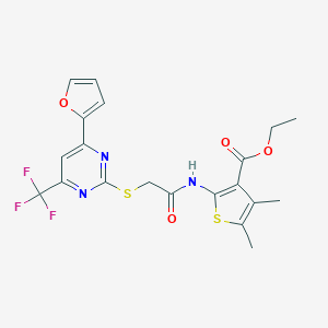 molecular formula C20H18F3N3O4S2 B284345 Ethyl 2-[({[4-(2-furyl)-6-(trifluoromethyl)-2-pyrimidinyl]sulfanyl}acetyl)amino]-4,5-dimethyl-3-thiophenecarboxylate 