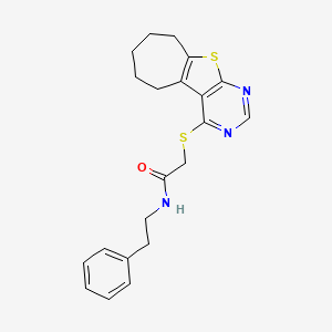 molecular formula C21H23N3OS2 B2843471 N-(2-phenylethyl)-2-{8-thia-4,6-diazatricyclo[7.5.0.0^{2,7}]tetradeca-1(9),2(7),3,5-tetraen-3-ylsulfanyl}acetamide CAS No. 727688-88-2