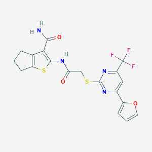 molecular formula C19H15F3N4O3S2 B284348 2-[({[4-(2-furyl)-6-(trifluoromethyl)-2-pyrimidinyl]sulfanyl}acetyl)amino]-5,6-dihydro-4H-cyclopenta[b]thiophene-3-carboxamide 