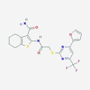 molecular formula C20H17F3N4O3S2 B284349 2-[({[4-(2-Furyl)-6-(trifluoromethyl)-2-pyrimidinyl]sulfanyl}acetyl)amino]-4,5,6,7-tetrahydro-1-benzothiophene-3-carboxamide 