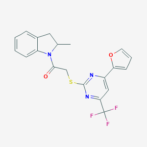 molecular formula C20H16F3N3O2S B284350 2-(4-Furan-2-yl-6-trifluoromethyl-pyrimidin-2-ylsulfanyl)-1-(2-methyl-2,3-dihydro-indol-1-yl)-ethanone 