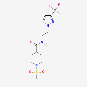 molecular formula C13H19F3N4O3S B2843509 1-(甲磺酰基)-N-(2-(3-(三氟甲基)-1H-吡唑-1-基)乙基)哌啶-4-甲酰胺 CAS No. 1448058-80-7