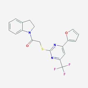 molecular formula C19H14F3N3O2S B284351 2-(2,3-dihydro-1H-indol-1-yl)-2-oxoethyl 4-(2-furyl)-6-(trifluoromethyl)-2-pyrimidinyl sulfide 