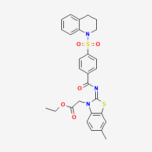 molecular formula C28H27N3O5S2 B2843511 (Z)-ethyl 2-(2-((4-((3,4-dihydroquinolin-1(2H)-yl)sulfonyl)benzoyl)imino)-6-methylbenzo[d]thiazol-3(2H)-yl)acetate CAS No. 1005730-66-4