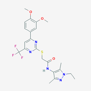 molecular formula C22H24F3N5O3S B284352 2-{[4-(3,4-dimethoxyphenyl)-6-(trifluoromethyl)pyrimidin-2-yl]sulfanyl}-N-(1-ethyl-3,5-dimethyl-1H-pyrazol-4-yl)acetamide 