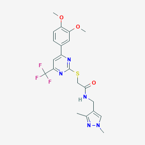 molecular formula C21H22F3N5O3S B284353 2-{[4-(3,4-dimethoxyphenyl)-6-(trifluoromethyl)-2-pyrimidinyl]sulfanyl}-N-[(1,3-dimethyl-1H-pyrazol-4-yl)methyl]acetamide 
