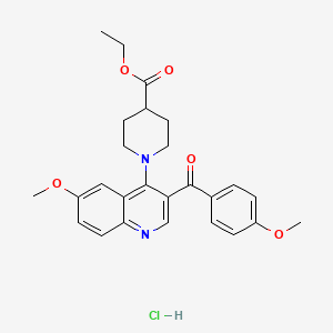 molecular formula C26H29ClN2O5 B2843588 Ethyl 1-[6-methoxy-3-(4-methoxybenzoyl)quinolin-4-yl]piperidine-4-carboxylate hydrochloride CAS No. 2097922-16-0