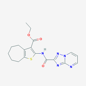 molecular formula C18H19N5O3S B284359 ethyl 2-[([1,2,4]triazolo[1,5-a]pyrimidin-2-ylcarbonyl)amino]-5,6,7,8-tetrahydro-4H-cyclohepta[b]thiophene-3-carboxylate 