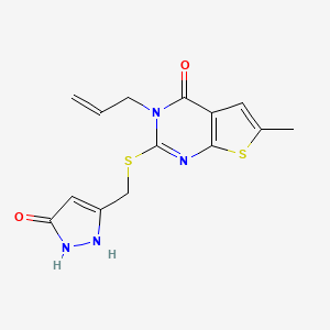 molecular formula C14H14N4O2S2 B2843598 3-allyl-2-(((5-hydroxy-1H-pyrazol-3-yl)methyl)thio)-6-methylthieno[2,3-d]pyrimidin-4(3H)-one CAS No. 956236-27-4