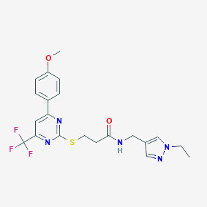 molecular formula C21H22F3N5O2S B284360 N-[(1-ethyl-1H-pyrazol-4-yl)methyl]-3-{[4-(4-methoxyphenyl)-6-(trifluoromethyl)-2-pyrimidinyl]sulfanyl}propanamide 