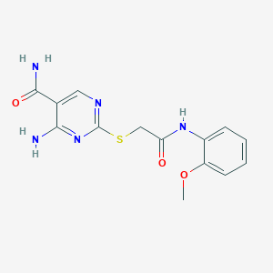 molecular formula C14H15N5O3S B2843600 4-氨基-2-((2-((2-甲氧基苯基)氨基)-2-氧代乙基)硫代)嘧啶-5-甲酰胺 CAS No. 2309341-70-4