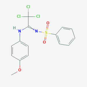 molecular formula C15H13Cl3N2O3S B284368 N'-(benzenesulfonyl)-2,2,2-trichloro-N-(4-methoxyphenyl)ethanimidamide 