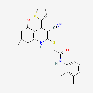 molecular formula C26H27N3O2S2 B2843694 2-[(3-cyano-7,7-dimethyl-5-oxo-4-thiophen-2-yl-1,4,6,8-tetrahydroquinolin-2-yl)sulfanyl]-N-(2,3-dimethylphenyl)acetamide CAS No. 374914-76-8