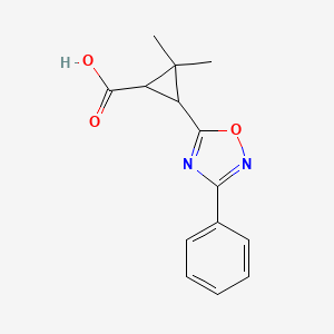 molecular formula C14H14N2O3 B2843751 2,2-Dimethyl-3-(3-phenyl-1,2,4-oxadiazol-5-yl)cyclopropanecarboxylic acid CAS No. 1282104-72-6