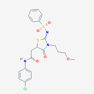 molecular formula C21H22ClN3O5S2 B284376 N-(4-chlorophenyl)-2-(3-(3-methoxypropyl)-4-oxo-2-((phenylsulfonyl)imino)thiazolidin-5-yl)acetamide 