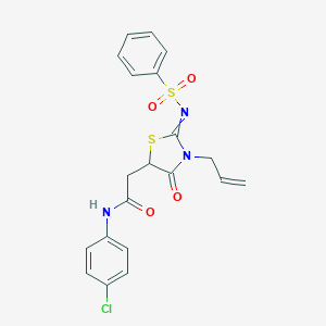 molecular formula C20H18ClN3O4S2 B284377 2-{3-allyl-4-oxo-2-[(phenylsulfonyl)imino]-1,3-thiazolidin-5-yl}-N-(4-chlorophenyl)acetamide 