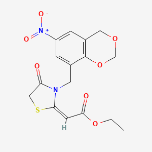 molecular formula C16H16N2O7S B2843784 乙酸乙酯 2-{3-[(6-硝基-2,4-二氢-1,3-苯并二氧杂环己烷-8-基)甲基]-4-氧代-1,3-噻唑烷-2-基亚甲基}乙酸酯 CAS No. 848299-03-6