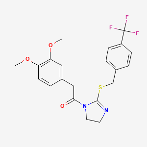 molecular formula C21H21F3N2O3S B2843823 2-(3,4-Dimethoxyphenyl)-1-[2-[[4-(trifluoromethyl)phenyl]methylsulfanyl]-4,5-dihydroimidazol-1-yl]ethanone CAS No. 851806-39-8