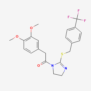 molecular formula C21H21F3N2O3S B2843823 2-(3,4-dimethoxyphenyl)-1-[2-({[4-(trifluoromethyl)phenyl]methyl}sulfanyl)-4,5-dihydro-1H-imidazol-1-yl]ethan-1-one CAS No. 851806-39-8