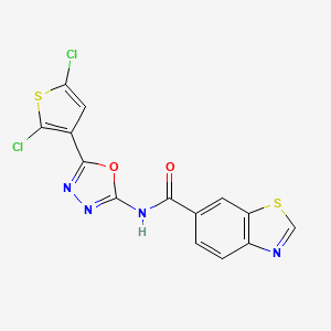 molecular formula C14H6Cl2N4O2S2 B2843829 N-(5-(2,5-二氯噻吩-3-基)-1,3,4-噁唑-2-基)苯并[d]噻唑-6-甲酰胺 CAS No. 1171078-70-8
