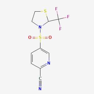 molecular formula C10H8F3N3O2S2 B2843896 5-{[2-(Trifluoromethyl)-1,3-thiazolidin-3-yl]sulfonyl}pyridine-2-carbonitrile CAS No. 2094287-83-7