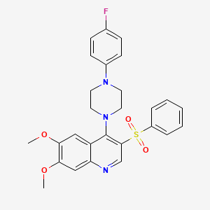 molecular formula C27H26FN3O4S B2843947 3-(Benzenesulfonyl)-4-[4-(4-fluorophenyl)piperazin-1-yl]-6,7-dimethoxyquinoline CAS No. 866843-25-6