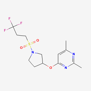 molecular formula C13H18F3N3O3S B2843959 2,4-二甲基-6-{[1-(3,3,3-三氟丙烷磺酰)吡咯啉-3-基]氧基}嘧啶 CAS No. 2097894-60-3
